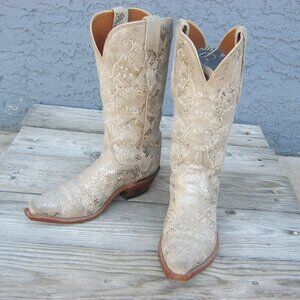 Lucchese 1883 Beige Champagne Python Metallic Print Suede Cowboy Boots 7C